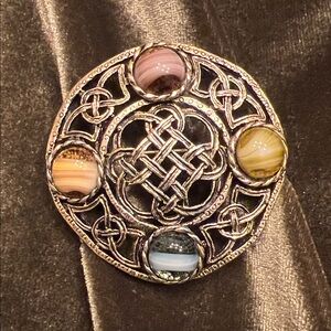 Vintage Celtic Knot Brooch-Intricate Interlaced Design w/Banded Agate Cabochons